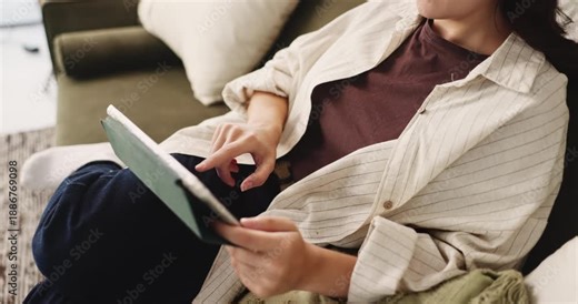Hands, student and reading with tablet at house for research, education and university application. Person, digital app and website for online enrollment, college schedule and admission requirements