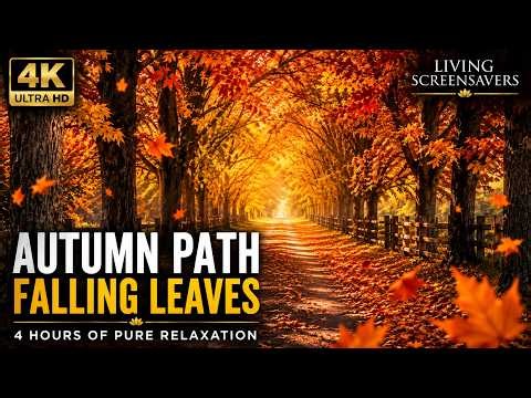 GoldAutumn Path with Falling Leaves | 4 Hours of Relaxation | 4K Living Screensaver Autumn Path 4 HR