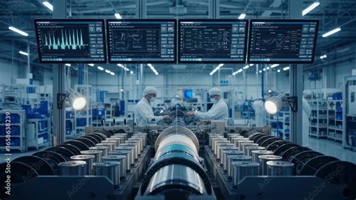 MRI magnet winding station featuring digital monitoring systems and complex bobbin setups within a largescale factory space.