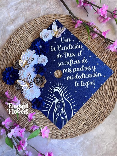 Custom Graduation Cap 2026 Spanish Quote, Virgen Mary Religious Cap Topper, Blue Gold Floral Grad Cap Latina Gift Idea - Etsy
