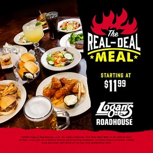 9.7K views | Logan’s Roadhouse has a REAL Deal on a REAL Meal! Pick a delicious entree, fresh salad, hot side, and a cold drink. PLUS, all the famous Logan’s rolls you can eat. Starting at just $11.99! The Real-Deal Meal is available all day, every day for a limited time at select locations. Dine-in only. | Logan's Roadhouse | Facebook