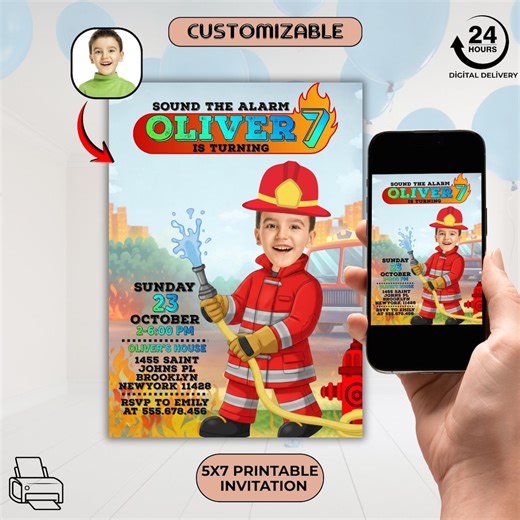 Custom Firefighter Birthday Invitation With Photo, Personalized Fireman Party Invite, Kids Head Swap Art, Fire Truck Birthday, - Etsy