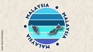 Malaysia logo intro. Badge with the circular name and map of country. Radiant Malaysia round logo animation.