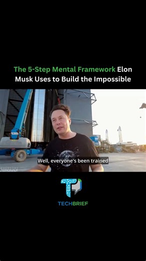 Tech Brief on Instagram: "Elon Musk has openly shared the five-step process he uses to apply first-principles thinking when building new technologies, a method that strips problems down to their fundamental truths instead of relying on assumptions or industry norms. The process starts by questioning every requirement and assumption, even those that sound obviously correct, because many of them exist simply due to tradition rather than necessity. Next, the problem is broken down into its most bas