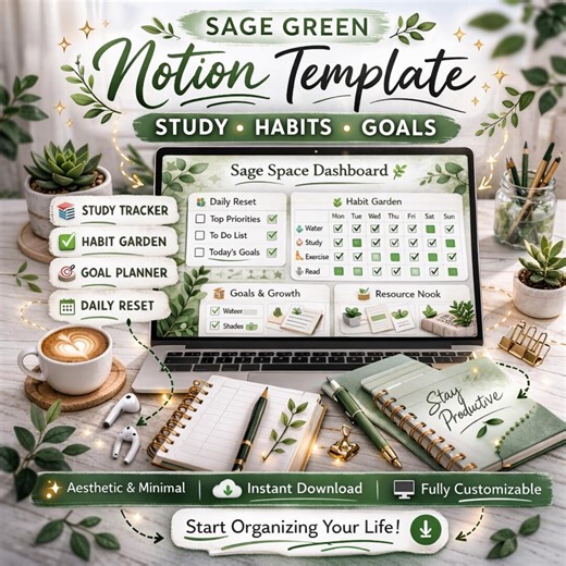 Notion Template Study Planner | Sage Green Aesthetic Dashboard | Habit Tracker & Productivity System for Students - Etsy