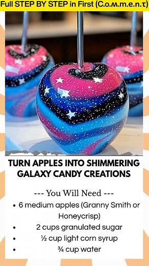 8.1K views · 48 reactions | Turn Apples into Shimmering Galaxy Candy Creations Looking for a jaw-dropping party treat? These DIY Galaxy Candy Apples are shiny, colorful, and out of this world. With swirls of purple, blue, pink, and black, plus a dusting of edible glitter, they look like mini planets you can actually eat. Perfect for birthdays, Halloween, or any cosmic-themed celebration! | Kira Recipes | Facebook