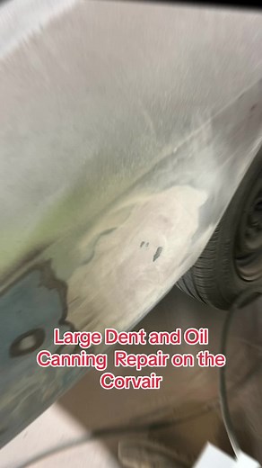 Large dent that was pretty stretched and oil canning, and worked in the past. Working from the rear to over the wheel opening. (Still needs finished) There are some sharp gouges from either the accident or the previous repair. Those are shallow and will stay. Makinf sure to check with radius gauges as i went. #foryoupage #fyp #fypシ #foryou #fypage #fypシ゚viral #metalfinishing #dentrepair #shrinkingdisk #hammeranddolly #metalrepair #autobody #collision #collisionwork #metalfab #1965corvair #65corv