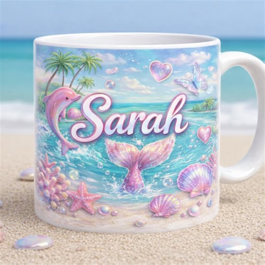 Personalized Mermaid Mug, Custom Name Mermaid Coffee Mug, Dolphin Beach Mug, Ocean Lover Gift, Mermaid Tail Mug for Girls - Etsy
