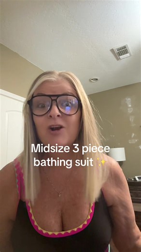 Three piece Midsize modest high waisted swimsuit with a skirt. #higwaistedswimsuit #threepieceswimsuit #skirtswimsuit #modestswimsuit #popvil