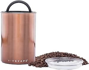 Airscape Coffee Storage Canister (1 lb Dry Beans) - Patented Airtight Lid Pushes Air Out to Preserve Food Freshness - Two Way Valve Releases CO2 - Stainless Steel Food Container - Mocha Brown
