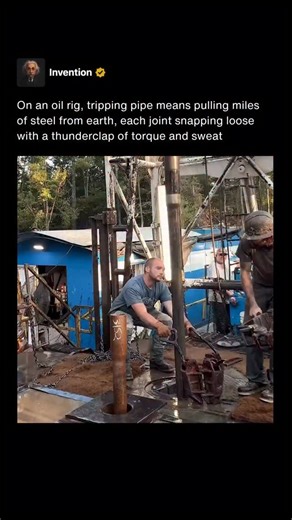 Invention on Instagram: "Tripping pipe is one of the most physical and essential jobs on an oil rig. It involves pulling the entire drill string, which can stretch for miles beneath the surface, out of the well one section at a time. Each length of steel pipe must be carefully unscrewed, lifted, and stacked in the rig’s derrick. The process requires precision, timing, and teamwork since even a small mistake can damage equipment or endanger the crew. When a joint is broken loose, the sound that e