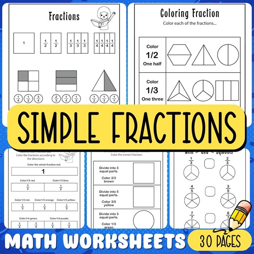 Fraction Worksheets for Kids – Simple Fractions Practice Activities Printable - Etsy