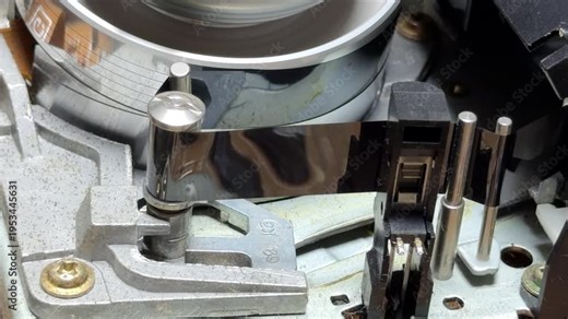 The internal gears and magnetic head of the VCR spin rapidly to read the VHS tape. This action creates a steady mechanical whirring sound and a faint, rhythmic hiss as the reels rotate.