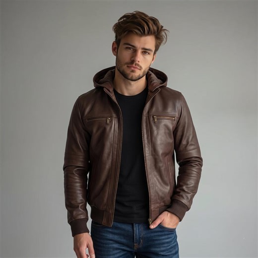 Men's Brown Leather Hooded Bomber Jacket, Rugged Moto Outerwear - Etsy