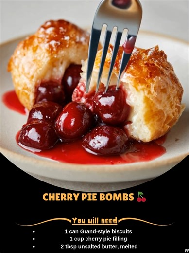 5.8K views · 11 reactions | Cherry  Pie Bombs  Enjoy Cherry Pie Bombs for a quick and delightful dessert! Made with canned biscuits and cherry pie filling, they're easy to prepare. Whether baked or air-fried, they're golden brown, crispy outside, and gooey inside. Serve warm to impress your guests! Ingredients: - 1 can (8-count) Grand biscuits (not flaky layers or crescent roll dough) - 1 cup cherry pie filling ..... Full Recipe in Coʍmеոτ   | Tasty Recipes | Facebook