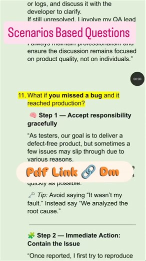 Selenium | Java | Manual Testing| Api(Postman) | Rest Assured on Instagram: "What if a bug is missed and reaches Production? 🐞 This is one of the most asked real-time interview questions in software testing. In this short, you’ll learn: ✅ What it means when a bug reaches production ✅ Why bugs get missed in testing ✅ Real-time impact on users & business ✅ How testers should handle production bugs professionally 📌 Must-watch for Manual & Automation Testing interviews. 5000+Pdf Link 🔗 See YouTub