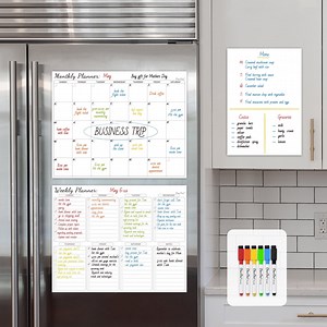 Clever Clean Non-Magnetic Calendar Set - Dry Erase Monthly Calendar, Weekly Planner and Blank Whiteboard Stick to Fridge, Smooth Wall, Cabinets and Glass. Ideal for Meal Planning,to Do,Grocery List.