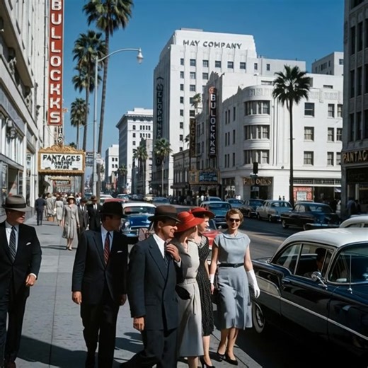 Restored footage from the 1950s captures everyday life on the streets of Los Angeles, California. Men in crisp suits and women in elegant dresses stroll past bustling shops and neon signs. Classic cars roll by, adding to the charm of the vibrant cityscape. There’s an air of postwar optimism, with friends laughing and couples window shopping. Palm trees line the sidewalks under the bright California sun. Street vendors, newsboys, and local performers add to the city’s dynamic pulse. Each frame re
