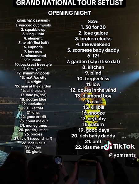 Kendrick Lamar & SZA Grand National Tour Setlist Details