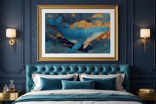 Japanese Whale Art Print, Blue Gold Ocean Poster, Ukiyo-e Wall Decor, Sea Animal Artwork - Etsy