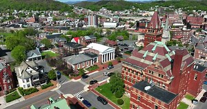 Cumberland Maryland courthouse and historic museum. Aerial view of spires and towers.