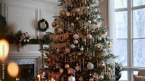 Animated Christmas scene with a beautifully lit tree, candles, and a roaring fireplace, with snow falling outside the window.