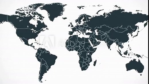 Detailed political world map graphic with country borders, showing all continents on a clean white background