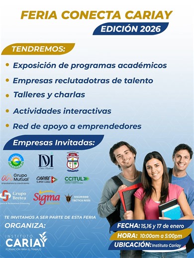🌟 ¡Así se vive la Feria Conecta Cariay 2026! 🔹 Charlas inspiradoras 🔹 Empresas reclutadoras 🔹 Recepción de CV 🔹 Actividades interactivas 🔹 Oportunidades de beca y formación📅 15, 16 y 17 de enero 🕙 De 10:00 a.m. a 5:00 p.m. 📍 Instituto Cariay – Formación para el trabajo💼 ¡Conectá con tu futuro profesional! 📞 2798-2244 | 📱 8807-1515 #FeriaConectaCariay2026 #InstitutoCariay #FormaciónParaElTrabajo #CharlasCariay #limoncr#EmpleoLimón #OportunidadesLaborales #BecasCostaRica #Networking #C