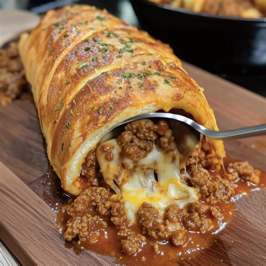 Cheesy Sloppy Joe Stromboli A hearty stromboli stuffed with rich beef, melted cheese, and zesty tomato flavor—baked to a crisp golden perfection. Ingredients 2 pounds ground beef ½ yellow onion, diced 2 cups Colby cheese, shredded 1 canned pizza crust 15 ounces tomato sauce ½ cup ketchup 1 tablespoon yellow mustard 1 tablespoon brown sugar 1 teaspoon beef bouillon powder 1 teaspoon onion powder 1 teaspoon garlic powder ¼ teaspoon salt ¼ teaspoon black pepper 1 teaspoon Worcestershire sauce 1 tab