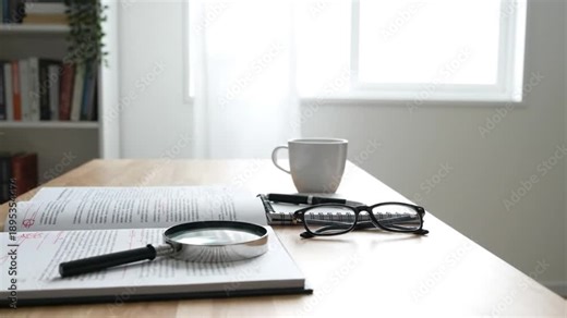 Proofreading Manuscript with Correction Marks and Magnifying Glass on Desk