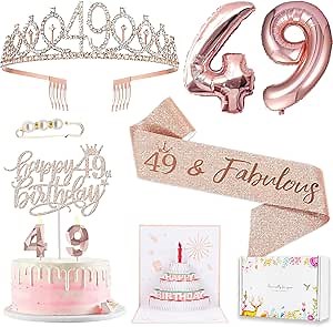 Awfrky 49th Birthday Decorations for Her Women, Including 49 year old Birthday Cake Topper, Queen Sash with Pearl Pin, Sweet Rhinestone Tiara Crown, Number Candles and Balloons Set, Rose Gold