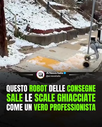AI News Italia on Instagram: "Ecco l’ultimo robot per le consegne di RIVR, quello che non si blocca sulle scale. Questo robot ibrido ruote-zampe, soprannominato “poodle bot”, si muove rapidamente su superfici piane e passa in modo fluido alla modalità con le gambe per salire scale innevate e scivolose con sorprendente stabilità. Basato sul telaio Unitree B2W e dotato del box di carico RIVR, è pensato per le consegne urbane reali, anche in condizioni difficili come l’inverno e i marciapiedi irreg