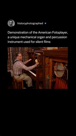 The American Fotoplayer was a mechanical instrument that combined a player piano, organ pipes, and various percussive devices to create live sound effects and music for silent films. Enthusiast Joe Rinaudo has shown how operators used pull cords, levers, and specialized music rolls to produce the elaborate soundscapes for early cinema. Credit: @pbs | History In Pictures