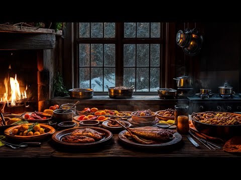 🪵 Cozy Kitchen in a Snowy Cabin | Fireplace Cooking & Relaxing Winter Sounds
