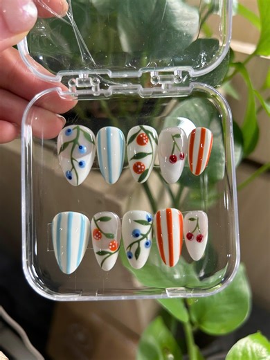 Fruit Press on Nails, Cherry Blueberry Nails, Striped Almond Nail, Hand Painted - Etsy