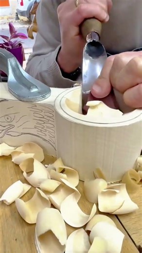 Carving Detailed Patterns In Wood Using A Large Curved Chisel For Custom Woodwork