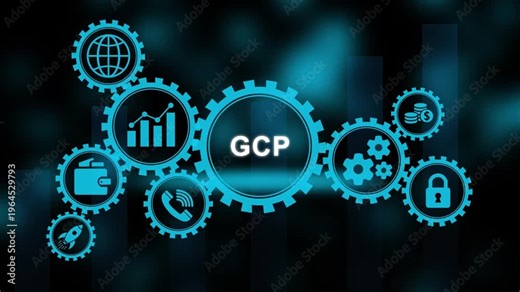 Digital Network of Business Icons and GCP Text in Blue Neon Glow Google Cloud Platform cloud computing