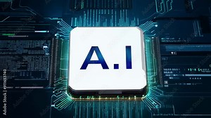 Motherboard CPU Processor Microchip with 'AI' Starting Digitalization of Artificial Intelligence Data Information Processing. micro, chip, semiconductor, engineering, visualization, future