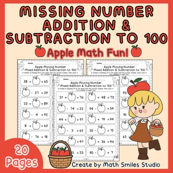 Apple Missing Number Mixed Addition & Subtraction to 100 | Fall Math Worksheets