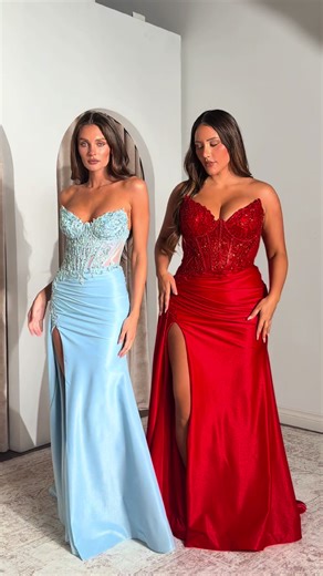 Two looks, one main character moment 💙❤️ From icy light blue shimmer to bold red drama — this corset-style satin prom gown is made to snatch the waist, sparkle under every flash, and turn heads all night long. Featuring a beaded sweetheart bodice, curve-hugging fit, and thigh-high slit for that perfect prom glow-up ✨ Yes — we’re obsessed with how it shines on every body. Size 2 in blue. Size 16 in red. Confidence in every size. Your 2026 prom dress search officially ends here 💃 Style CM369 #La