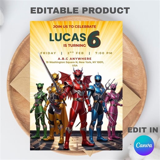 Power Rangers Birthday Party Card Invitation Template (5x7) Digital Downloadable Product - Etsy
