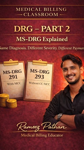 Rameez on Instagram: "MS-DRG explained with real hospital logic. Not theory. Not shortcuts. In this video, we break down: • What MS-DRG really means • Why CC vs MCC changes hospital payment • Difference between DRG 291 & DRG 293 • How documentation decides reimbursement This is exactly how Medicare inpatient billing works in real life. If you’re a fresher → this builds your foundation If you’re experienced → this connects the dots you already see daily 📌 DRG Part 1 already posted 📌 APR-DRG com