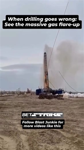 BlastJunkie💣 on Instagram: "The raw, explosive power of nature's reserves is on full display. What you're watching is an oil or gas well experiencing a blowout—an uncontrolled release of reservoir fluids. This happens when the pressure from the underground formation exceeds the pressure exerted by the drilling fluid (mud). ​In this case, the gas and oil surge to the surface and ignite, creating a catastrophic flame. This isn't just a dramatic scene; it's one of the most serious hazards i