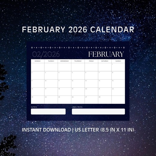 Celestial February 2026 Calendar | Printable & Digital Planner for Optimal Productivity | 1 Month Calendar | Instant Download - Etsy Canada