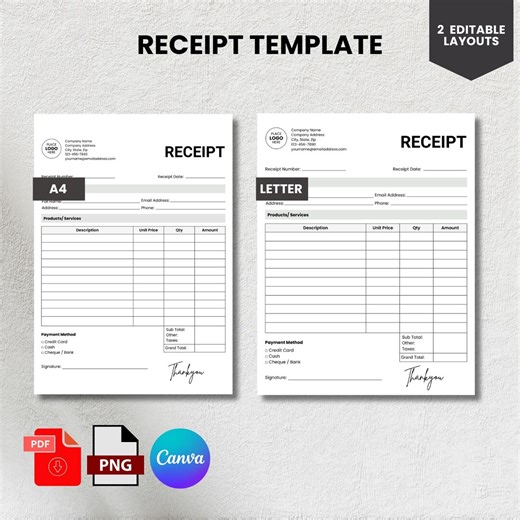 Editable Receipt Template - Canva Invoice, A4 and US Letter (PDF and PNG Download - Etsy