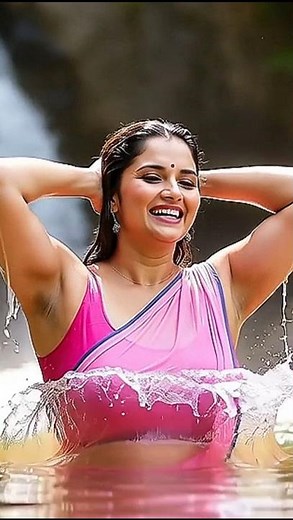 A very beautiful woman is bathing, dancing in the water of the fountain