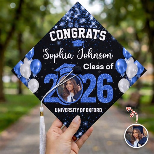Personalized Graduation Cap Topper With Photo, Glitter Sparkle Balloon Design, Custom Name School Class of 2026 Graduation Hat - Etsy