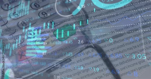 Frame one starting finance graphics appearing shifting sliding showing market data over keypad