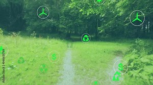 Green energy and recycling icons animation over forest pathway