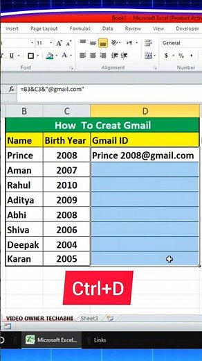 How to Create Gmail IDs in MS Excel | Auto Gmail Generator Trick 🔥#excel #shortsfeed